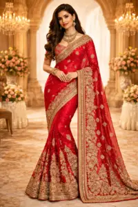 Stunning bride in opulent red saree